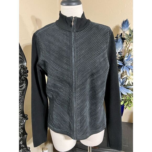 TEHAMA Black Long Sleeve Leather Front Zip Up Cardigan Sweater Size M - Picture 1 of 4